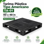 Tarima plástica TA-01 negra reciclada sin impresión, tipo americano 40x48, medidas 124 x 103.3 x 15.5 cm