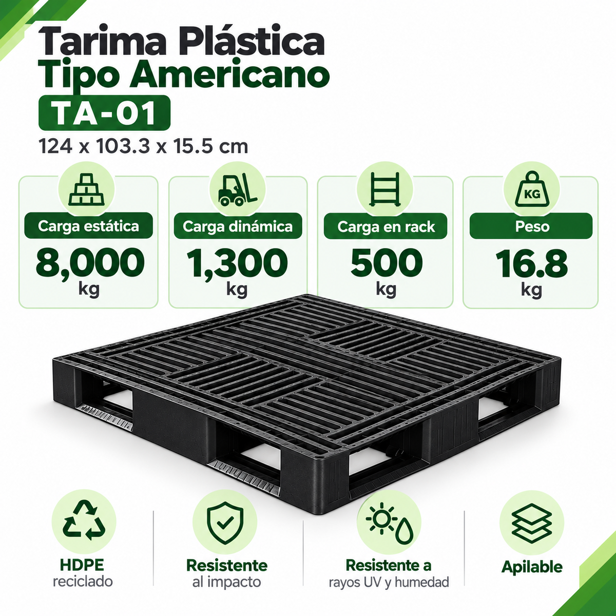 Tarima plástica negra TA-01 disponible por pieza y por mayoreo, ideal para almacén y logística