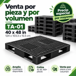 Ficha técnica de tarima plástica TA-01 negra con medidas 124 x 103.3 x 15.5 cm y peso de 16.8 kg
