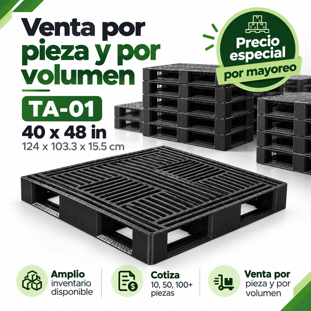 Ficha técnica de tarima plástica TA-01 negra con medidas 124 x 103.3 x 15.5 cm y peso de 16.8 kg