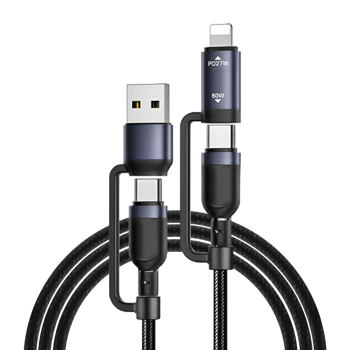 Cable USB-C 4 en 1 Reforzado 60W 1.2m para iPhone Tipo C y Micro USB Negro | Slim Company