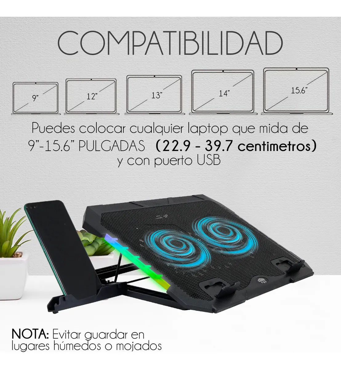 Base Enfriadora para Laptop Antideslizante con 2 Ventiladores RGB | Slim Company