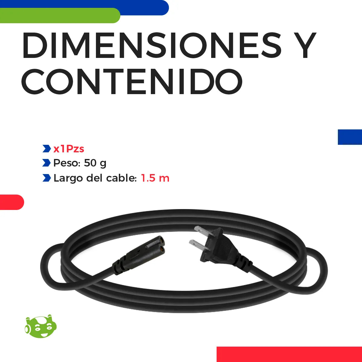 Cable de Corriente Dos Polos para Cargador de Laptop 1.5 m Negro | Slim Company