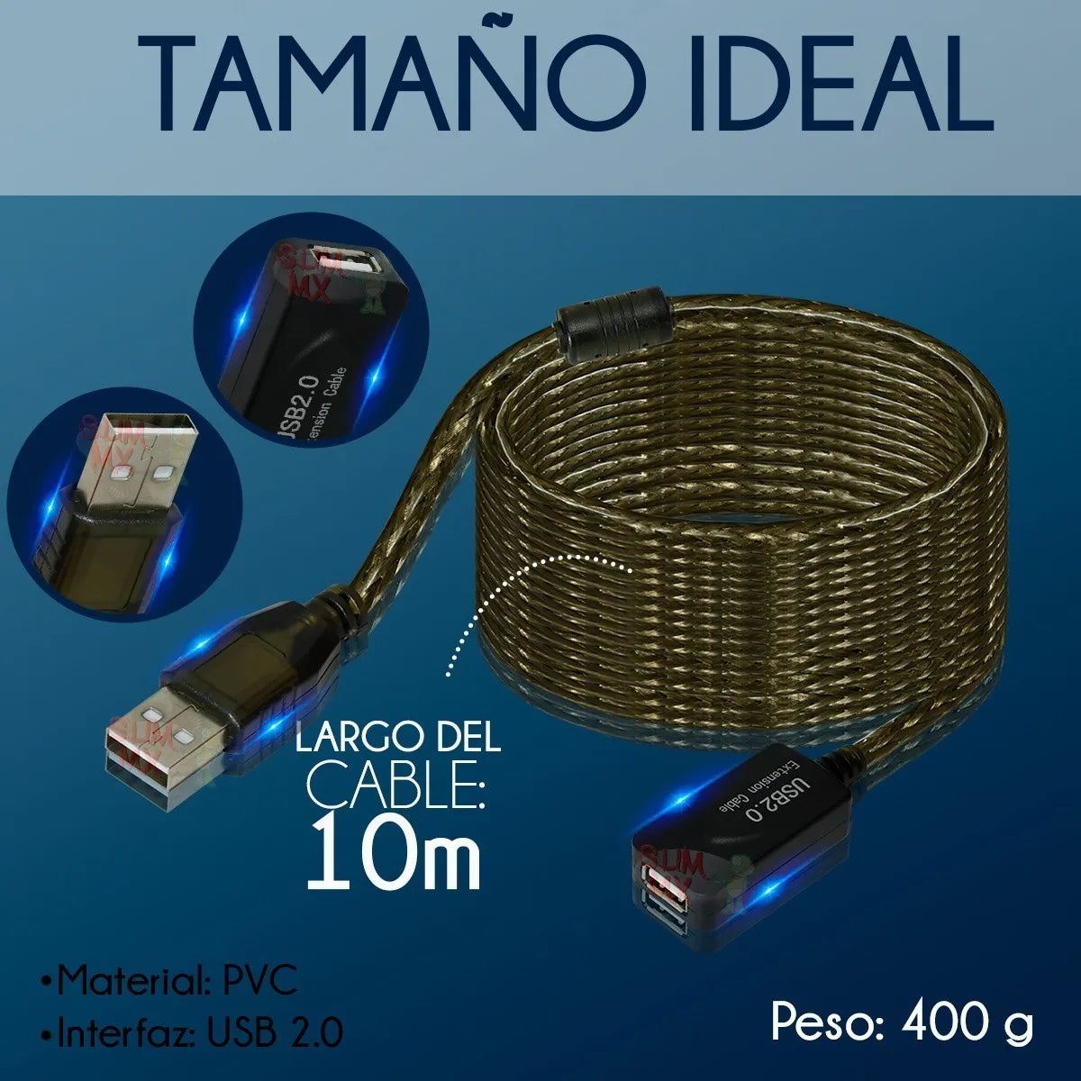 Cable Extensión USB Activa 2.0 Macho a Hembra 10 m 480 Mbps Negro | Slim Company