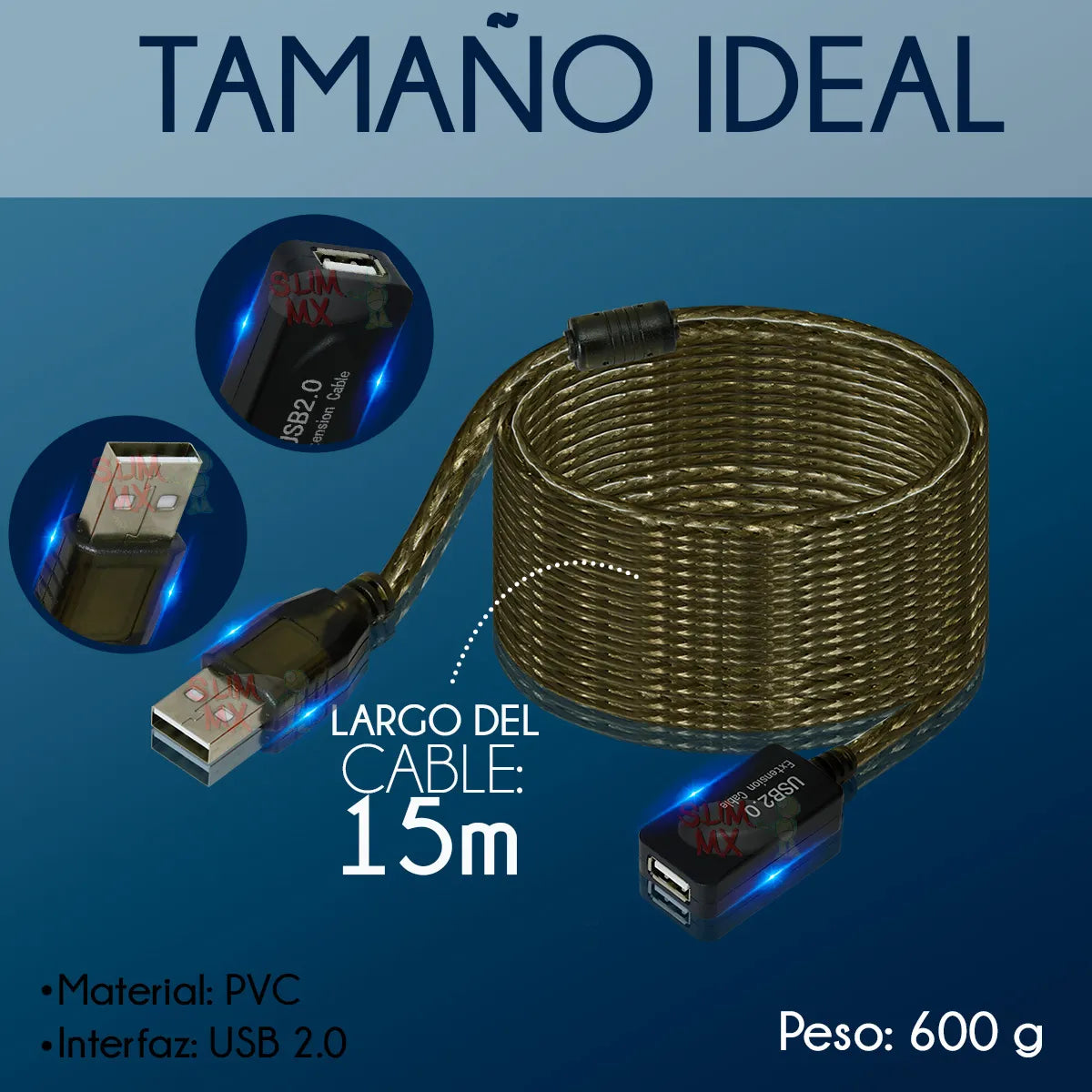 Cable Extensión USB Activa 2.0 Macho a Hembra 15 m 480 Mbps Negro | Slim Company