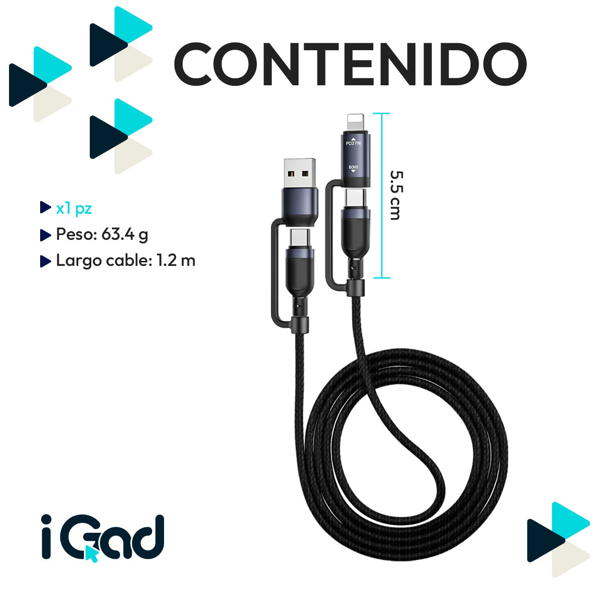 Cable USB-C 4 en 1 Reforzado 60W 1.2m para iPhone Tipo C y Micro USB Negro | Slim Company