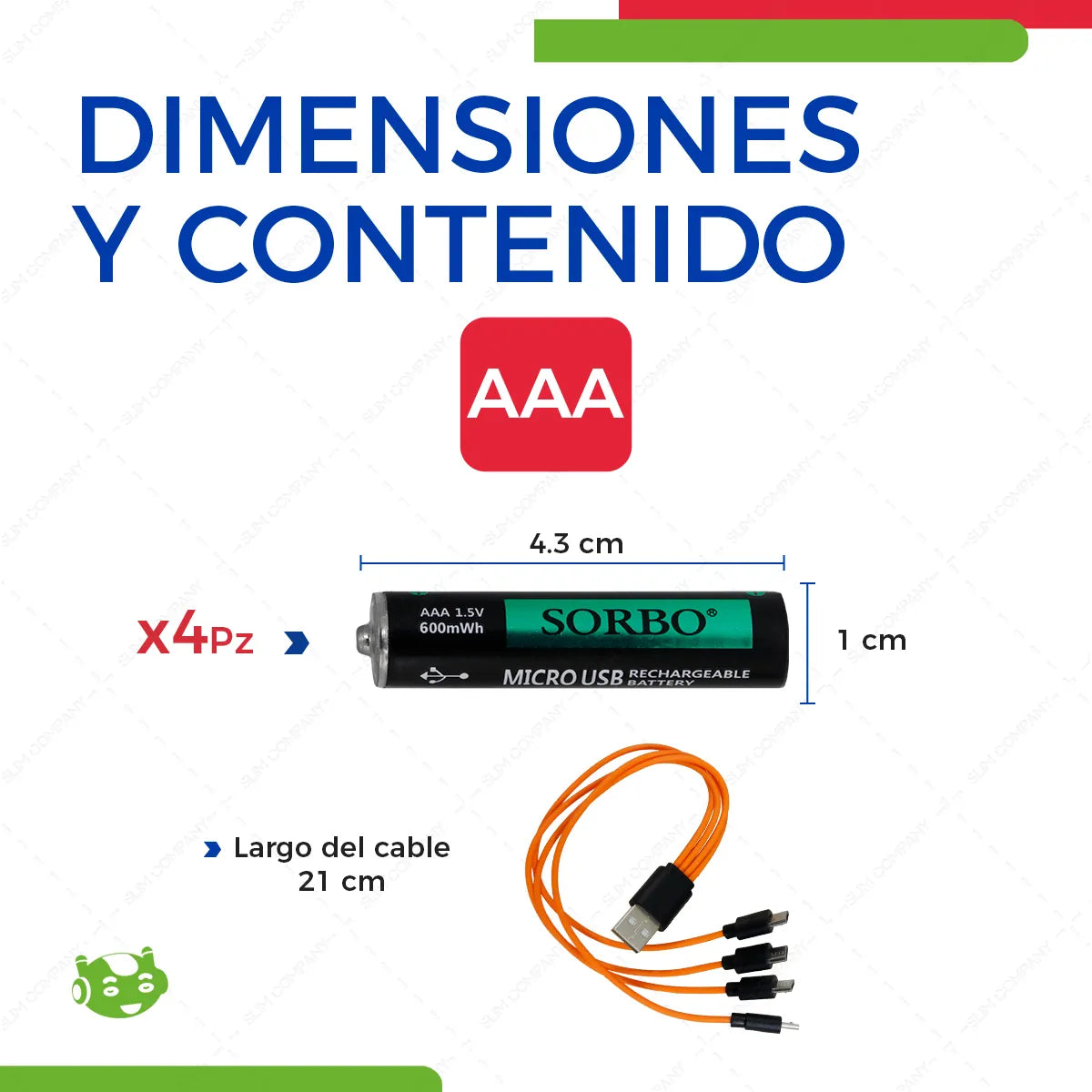 Pilas Recargables AAA Slim Company – Paquete de 4 con Cable de Carga USB