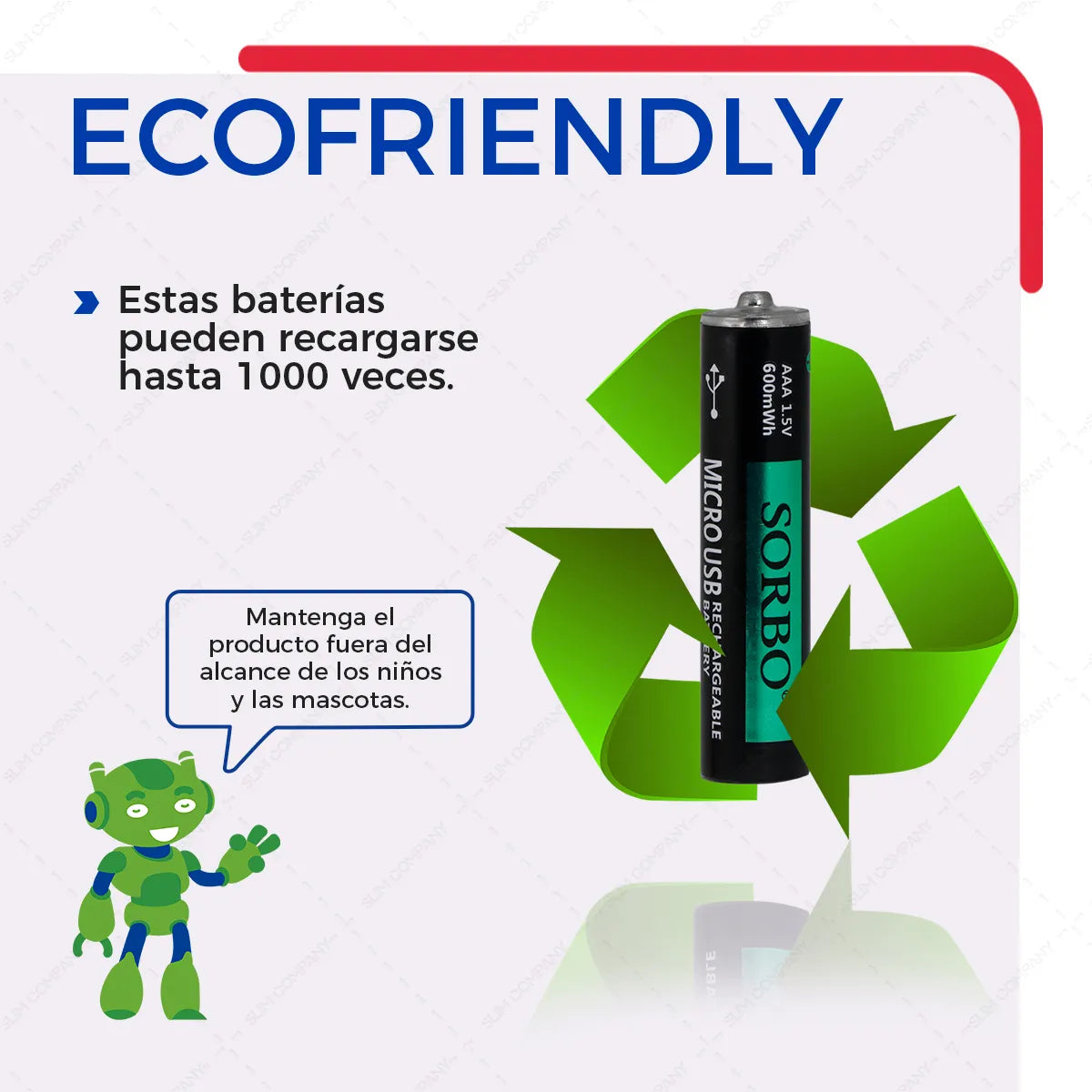 Pilas Recargables AAA Slim Company – Paquete de 4 con Cable de Carga USB