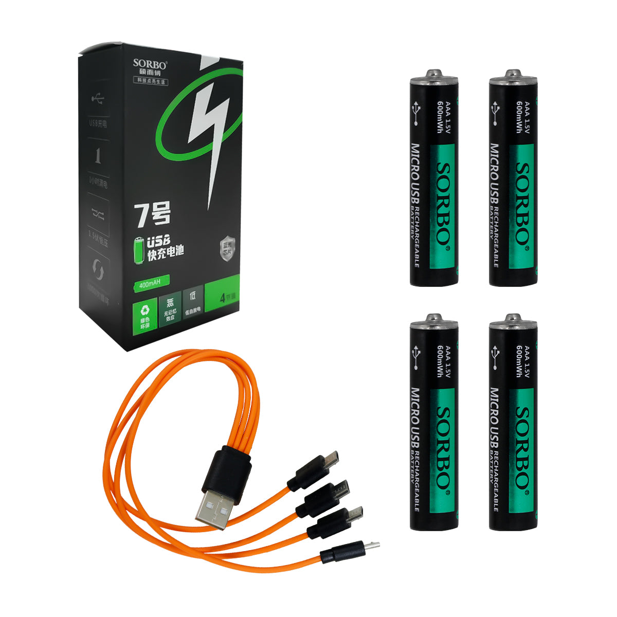 Pack de 4 baterías AAA recargables Sorbo con cable USB de carga
