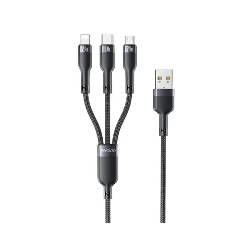 Cable USB 3 en 1 de Carga 3A 1.2m para iPhone Tipo C y Micro USB Negro | Slim Company